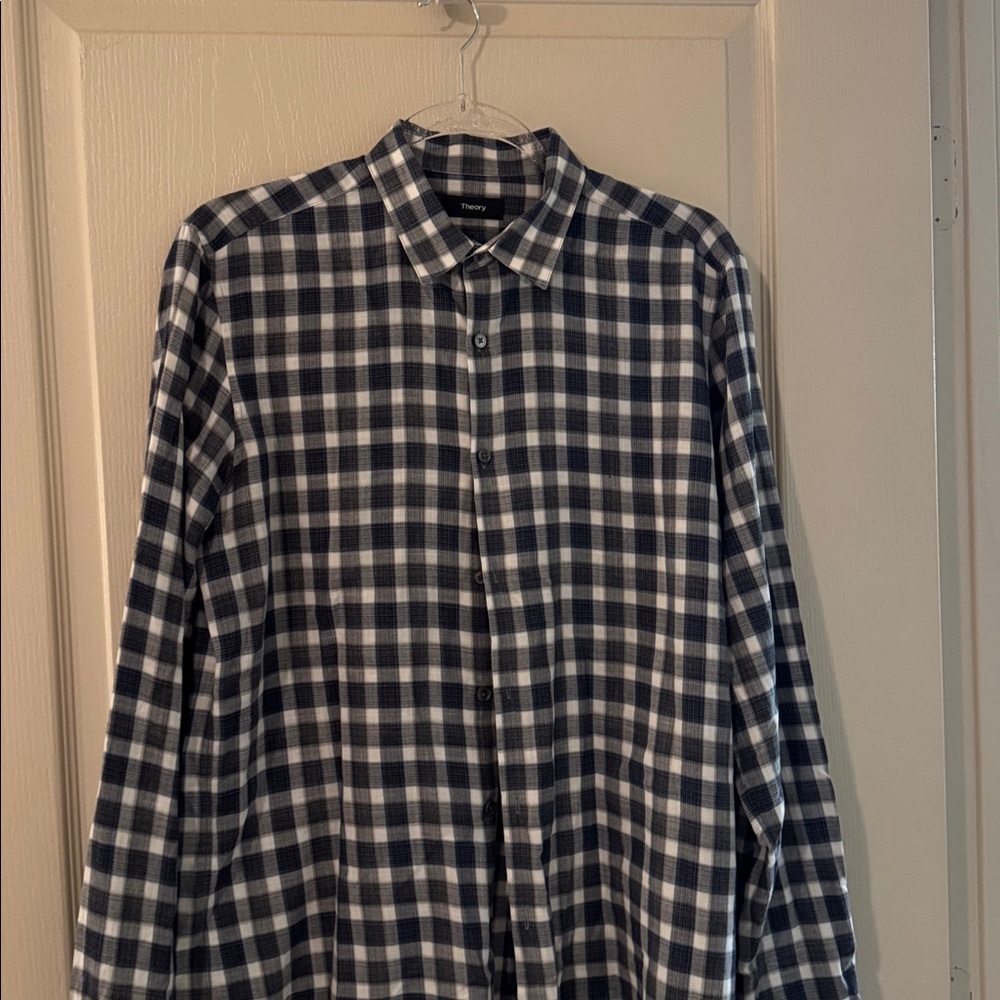 Theory Navy and White Plaid Shirt